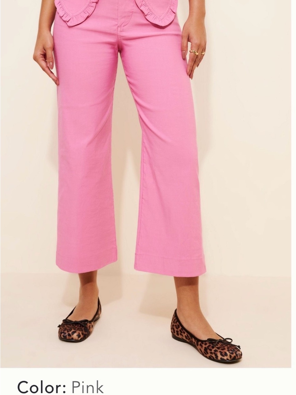 Maeve Pink Cropped Wide-Leg Pants with Heart Ruffle Pockets - Picture 3 of 4